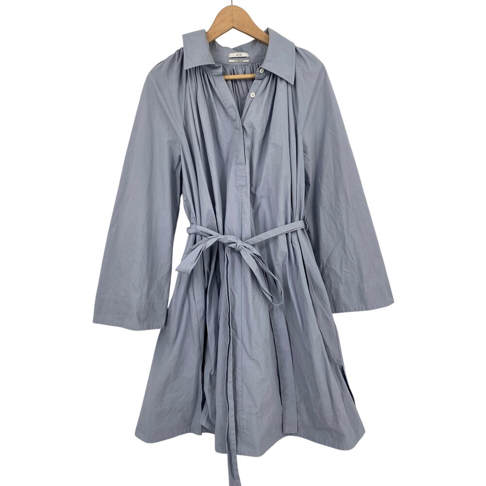 CO M Blue poplin gathered long sleeve belted shirt dress